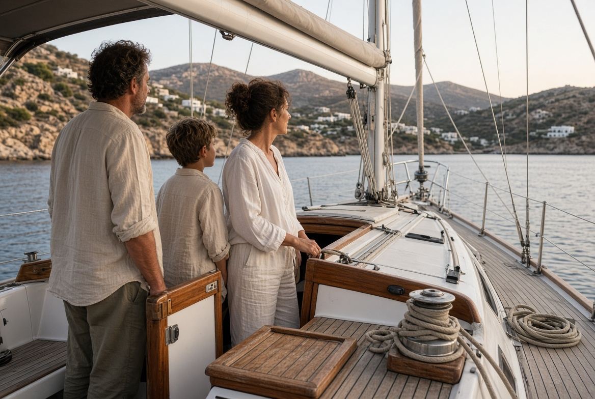 Guests on the deck of a sailing yacht