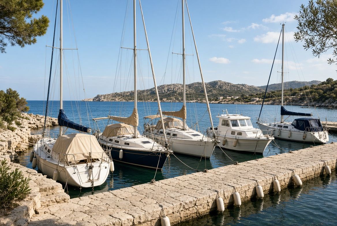 Sailing yachts moored along a stone quay